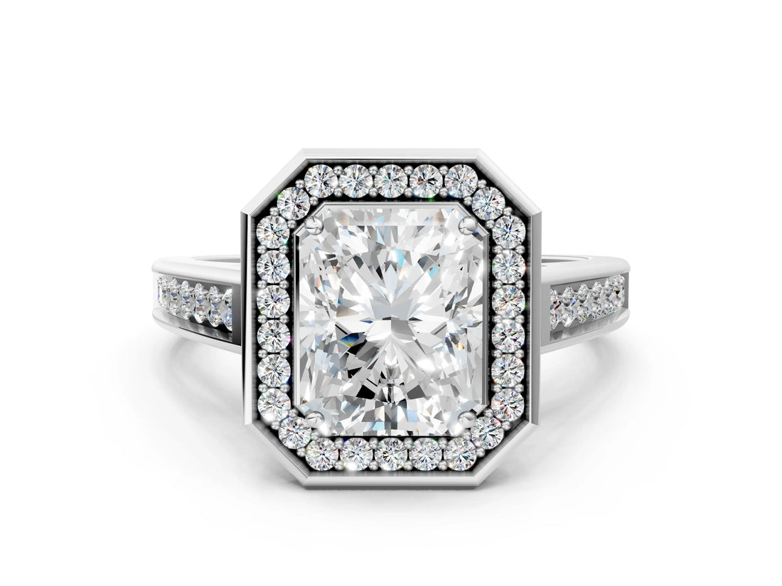 White gold Radiant Halo Solitaire Diamond Ring with Pave Band and Bezel Setting_49