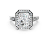 White gold Radiant Halo Solitaire Diamond Ring with Pave Band and Bezel Setting_49