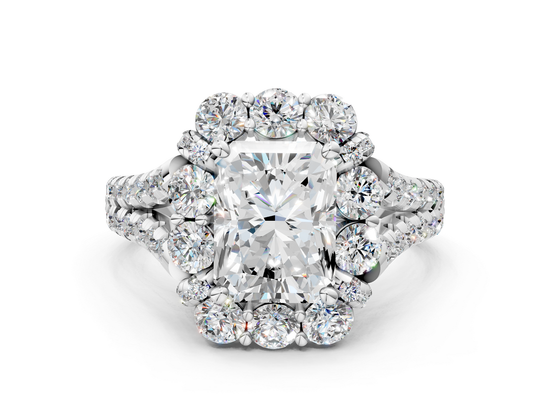 White gold Radiant Halo Split Shank Diamond Engagement Ring with Pave Band and Four-Prong Setting_55