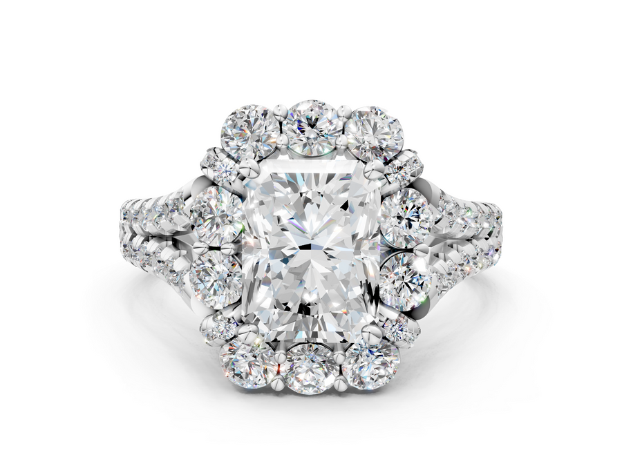 White gold Radiant Halo Split Shank Diamond Engagement Ring with Pave Band and Four-Prong Setting