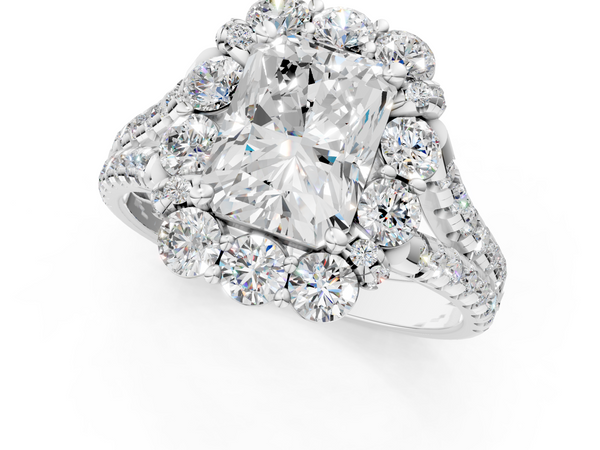 White gold Radiant Halo Split Shank Diamond Engagement Ring with Pave Band and Four-Prong Setting