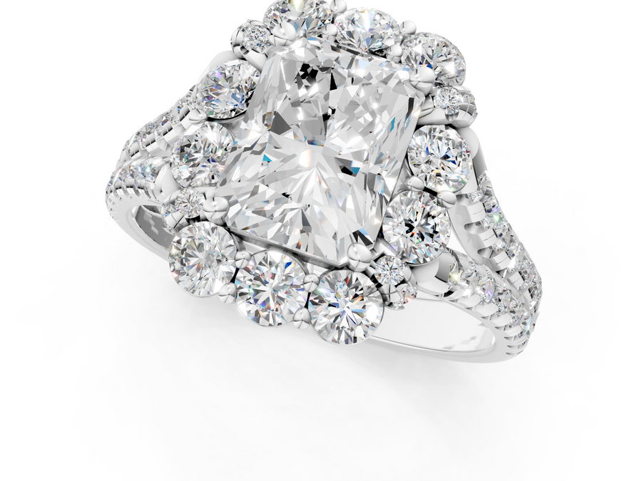 White gold Radiant Halo Split Shank Diamond Engagement Ring with Pave Band and Four-Prong Setting