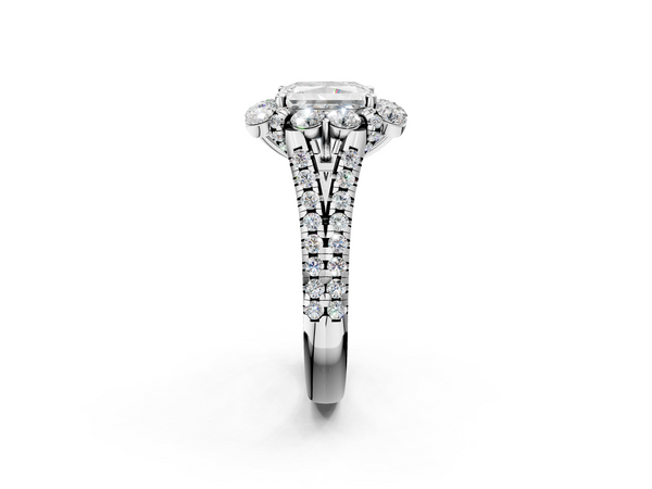 White gold Radiant Halo Split Shank Diamond Engagement Ring with Pave Band and Four-Prong Setting