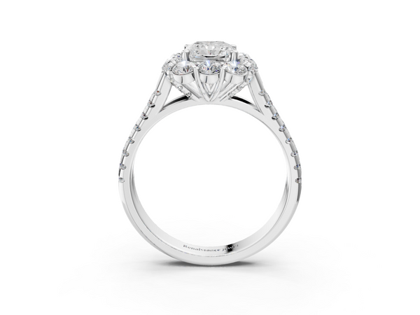 White gold Radiant Halo Split Shank Diamond Engagement Ring with Pave Band and Four-Prong Setting