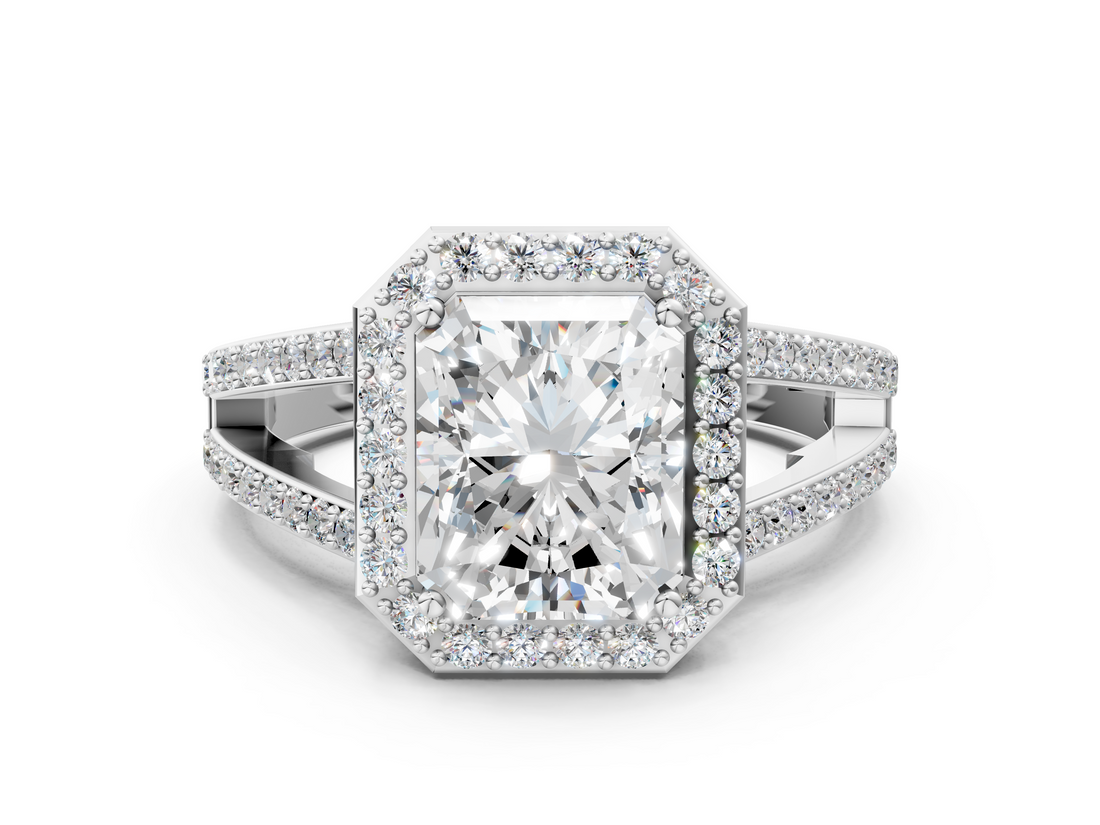 White gold Radiant Halo Split Shank Diamond Ring with Four-Prong Setting_36