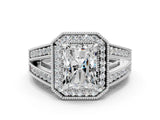 White gold Radiant Halo Split Shank Diamond Ring with Milgrain Prong Setting_6