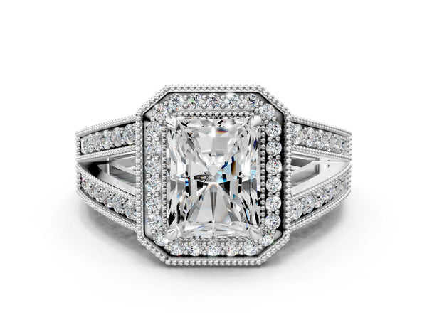 White Gold Radiant Cut Vintage Milgrain Halo Engagement Ring Setting with Pave Split Shank