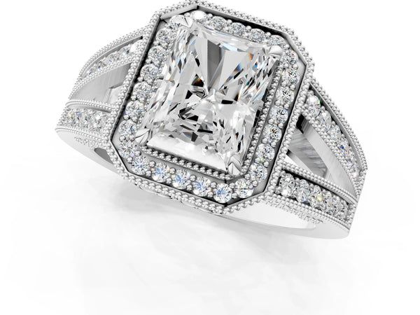 White Gold Radiant Cut Vintage Milgrain Halo Engagement Ring Setting with Pave Split Shank