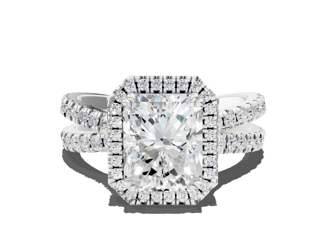 White gold Radiant Halo Split Shank Diamond Ring with Pavé Setting_26