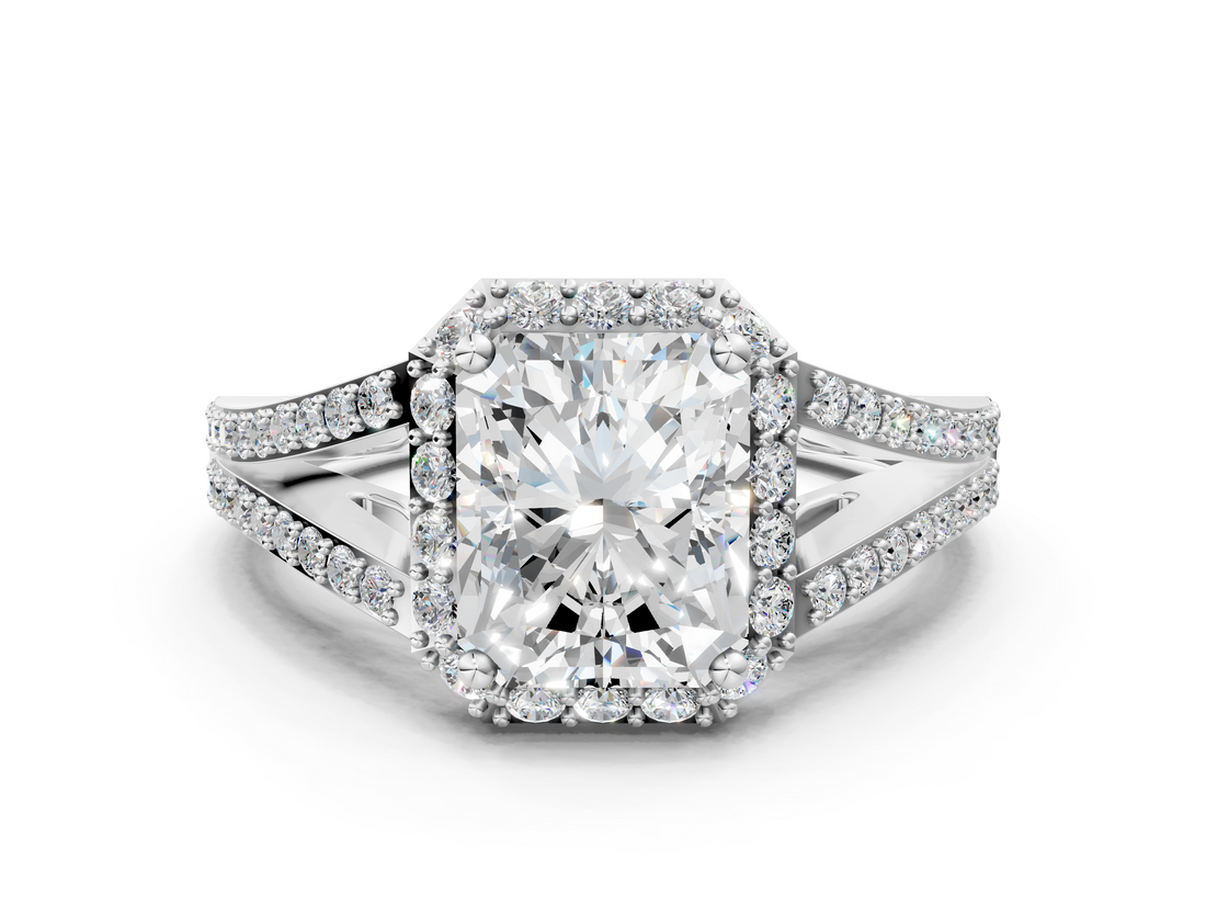 White gold Radiant Halo Split Shank Diamond Ring with Prong Setting_20