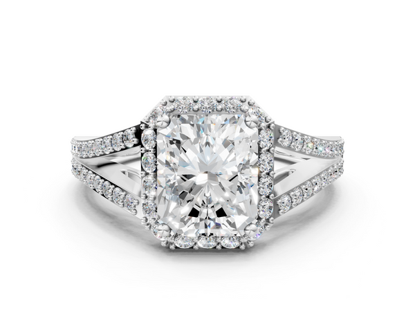 White gold Radiant Halo Split Shank Diamond Ring with Prong Setting