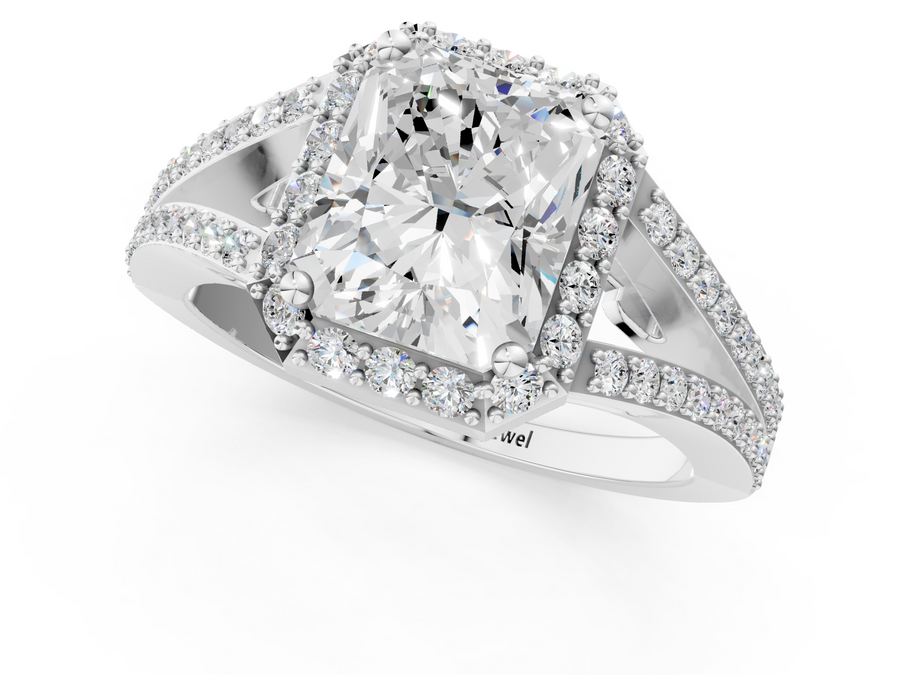White gold Radiant Halo Split Shank Diamond Ring with Prong Setting