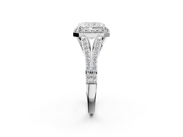 White gold Radiant Halo Split Shank Diamond Ring with Prong Setting