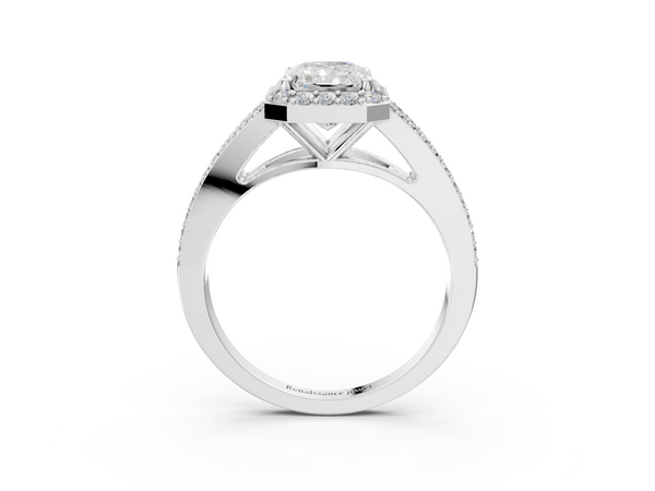 White gold Radiant Halo Split Shank Diamond Ring with Prong Setting