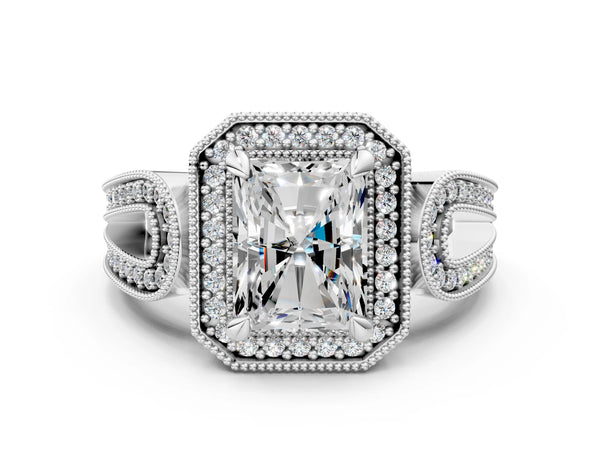 White gold Radiant Halo Split Shank Milgrain Diamond Ring
