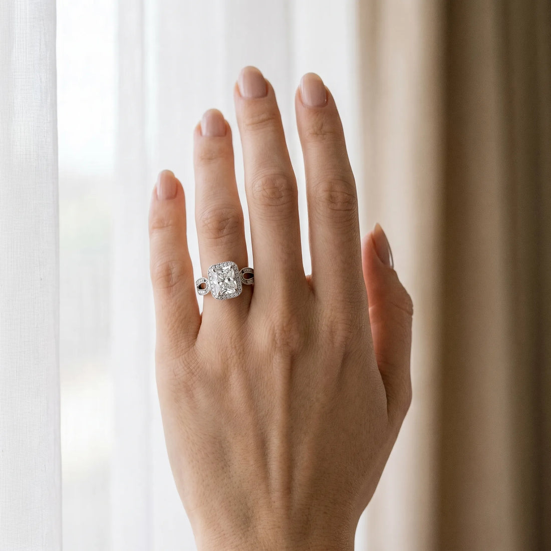White gold Radiant Halo Split Shank Milgrain Diamond Ring_6