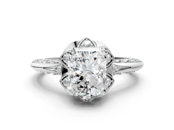 White gold Radiant Halo Split Shank Pave Diamond Ring with Petal Prong Setting