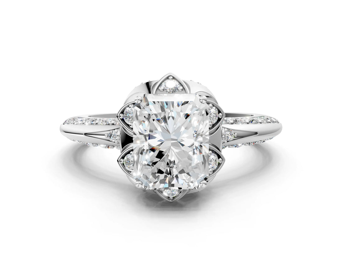 White gold Radiant Halo Split Shank Pave Diamond Ring with Petal Prong Setting_21