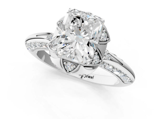 White gold Radiant Halo Split Shank Pave Diamond Ring with Petal Prong Setting