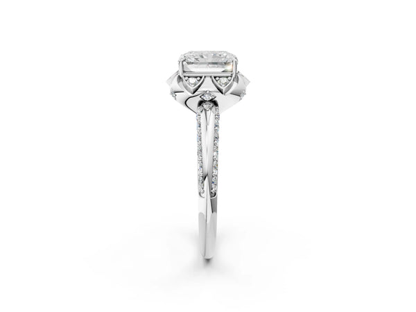 White gold Radiant Halo Split Shank Pave Diamond Ring with Petal Prong Setting