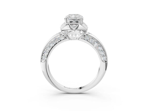 White gold Radiant Halo Split Shank Pave Diamond Ring with Petal Prong Setting
