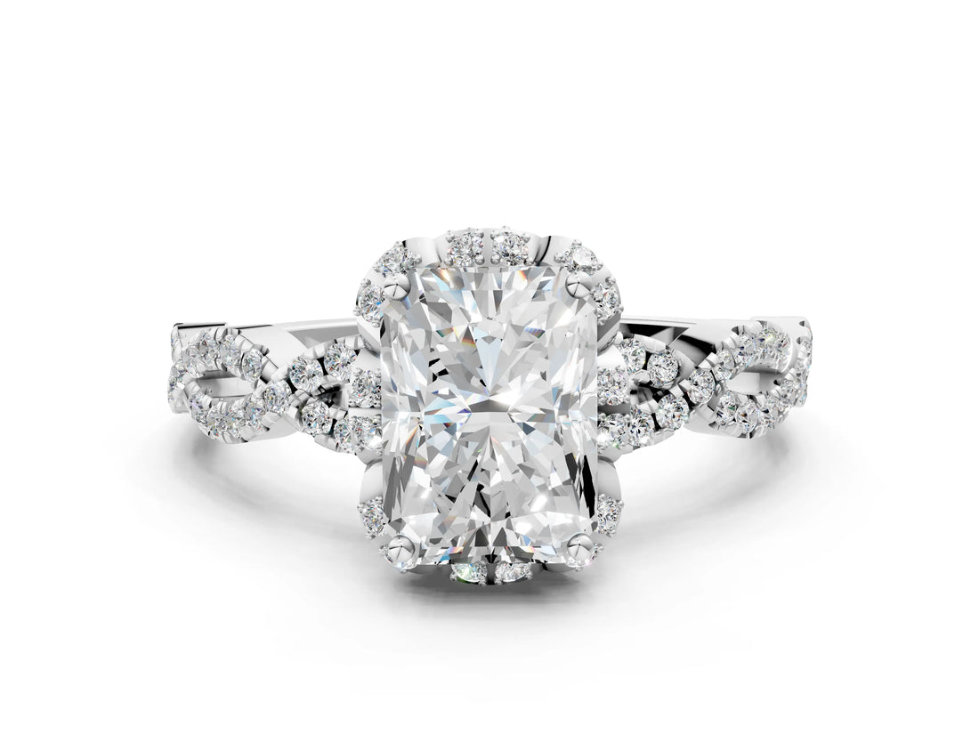 White gold Radiant Halo Twist Band Solitaire Ring with Six-Prong Setting_3