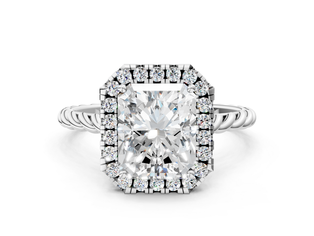 White gold Radiant Halo Twisted Band Four-Prong Diamond Ring_21