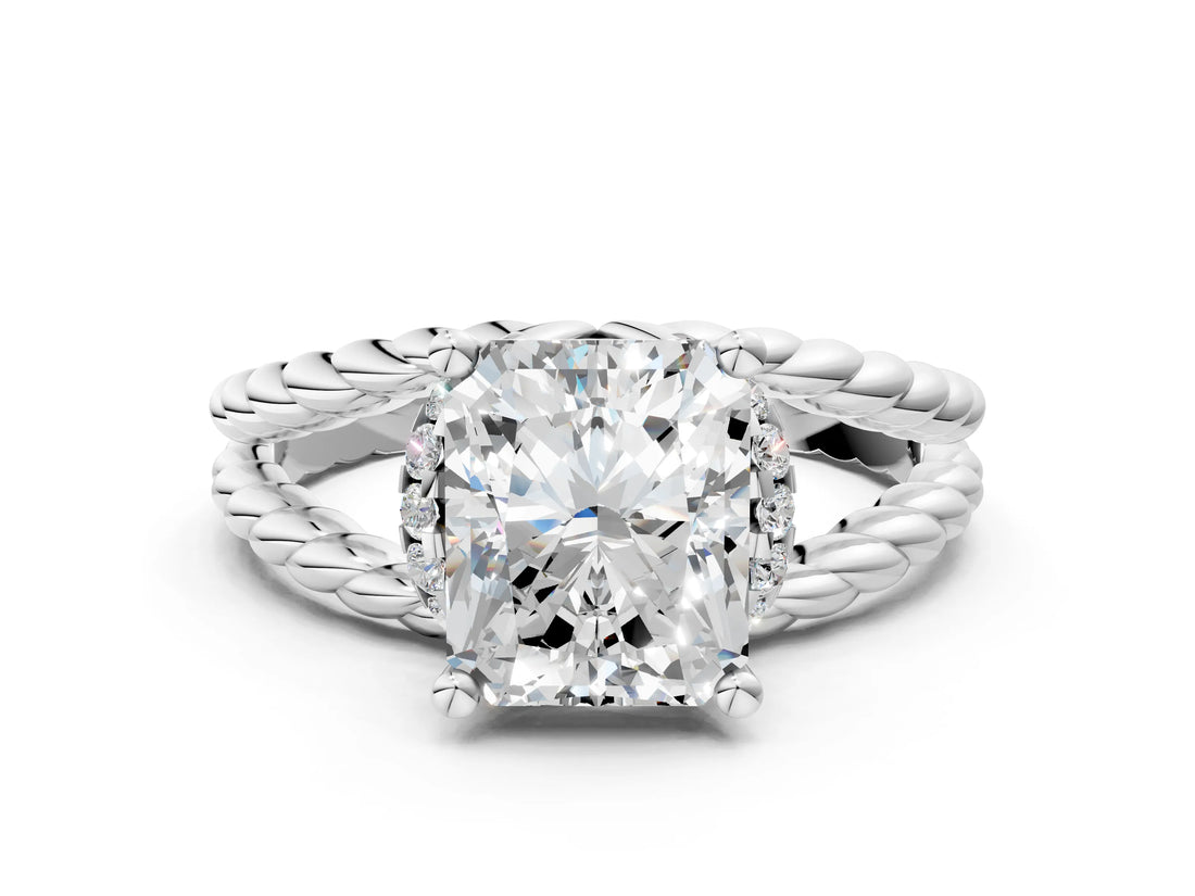 White gold Radiant Halo Twisted Band Four-Prong Ring_54