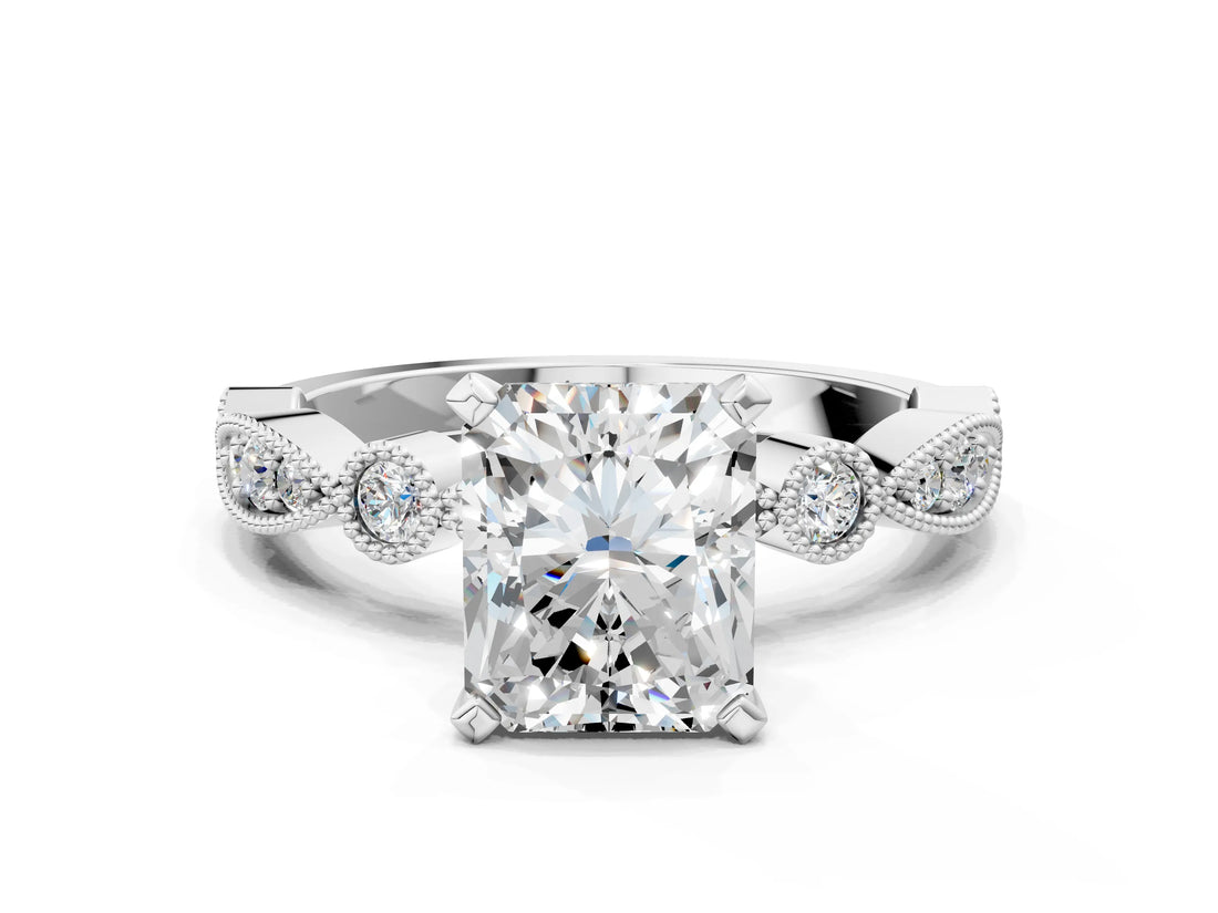 White gold Radiant Milgrain Bezel Diamond Engagement Ring with Solitaire Prong Setting_197