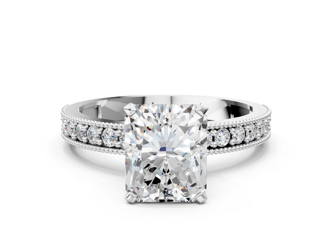 White gold Radiant Milgrain Pave Diamond Engagement Ring with Four-Prong Setting_190