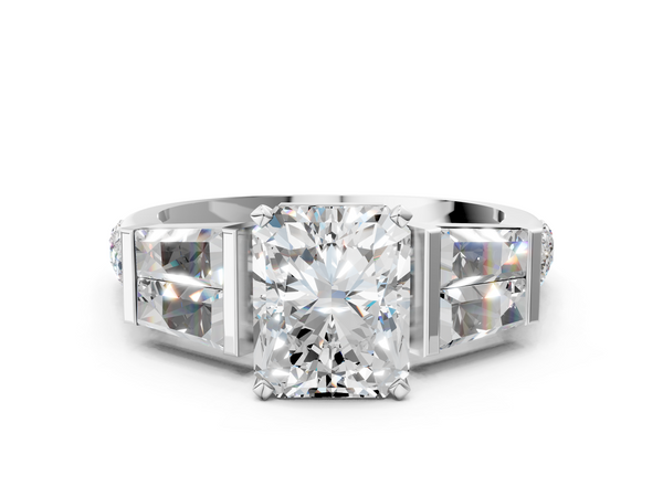 Sterling Silver Radiant Cut Engagement Ring Setting with Channel Set Baguettes and Accented Band