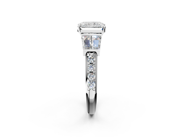 White Gold Radiant Cut Engagement Ring Setting with Channel Set Baguettes and Accented Band