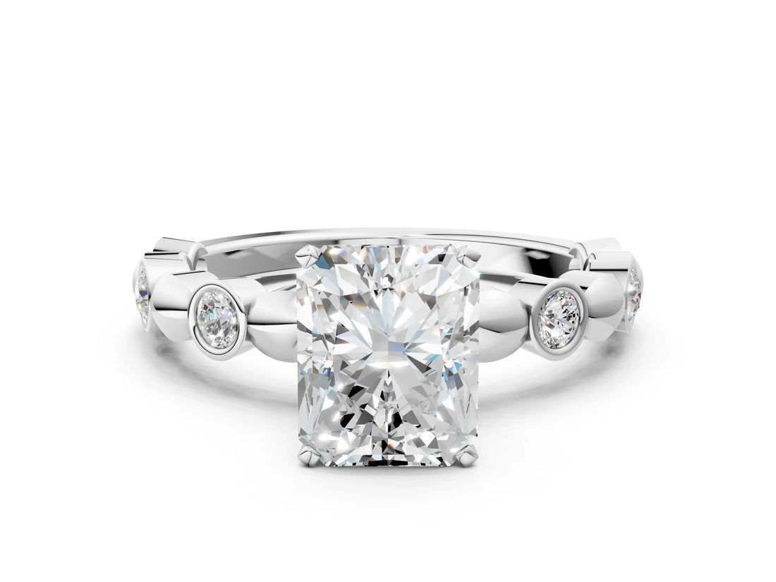 White gold Radiant Solitaire Bezel-Set Diamond Ring with Beaded Band and Four-Prong Setting_65