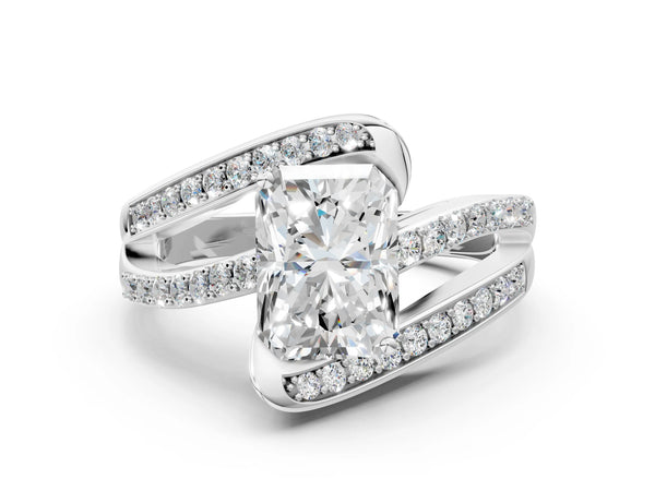 White gold Radiant Solitaire Bypass Diamond Engagement Ring with Channel-Set Band and Four-Prong Setting