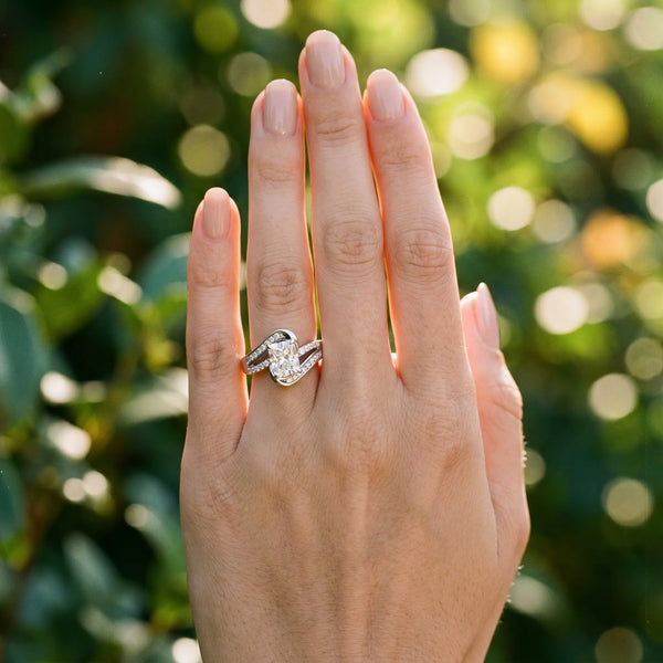 White gold Radiant Solitaire Bypass Diamond Engagement Ring with Channel-Set Band and Four-Prong Setting