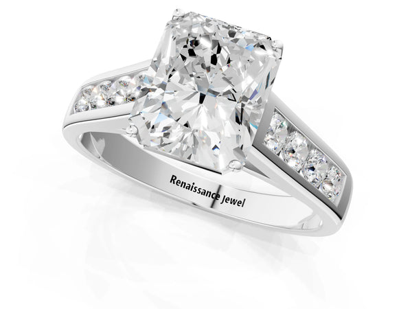Platinum Radiant Solitaire Channel-Set Diamond Engagement Ring with Four-Prong Setting