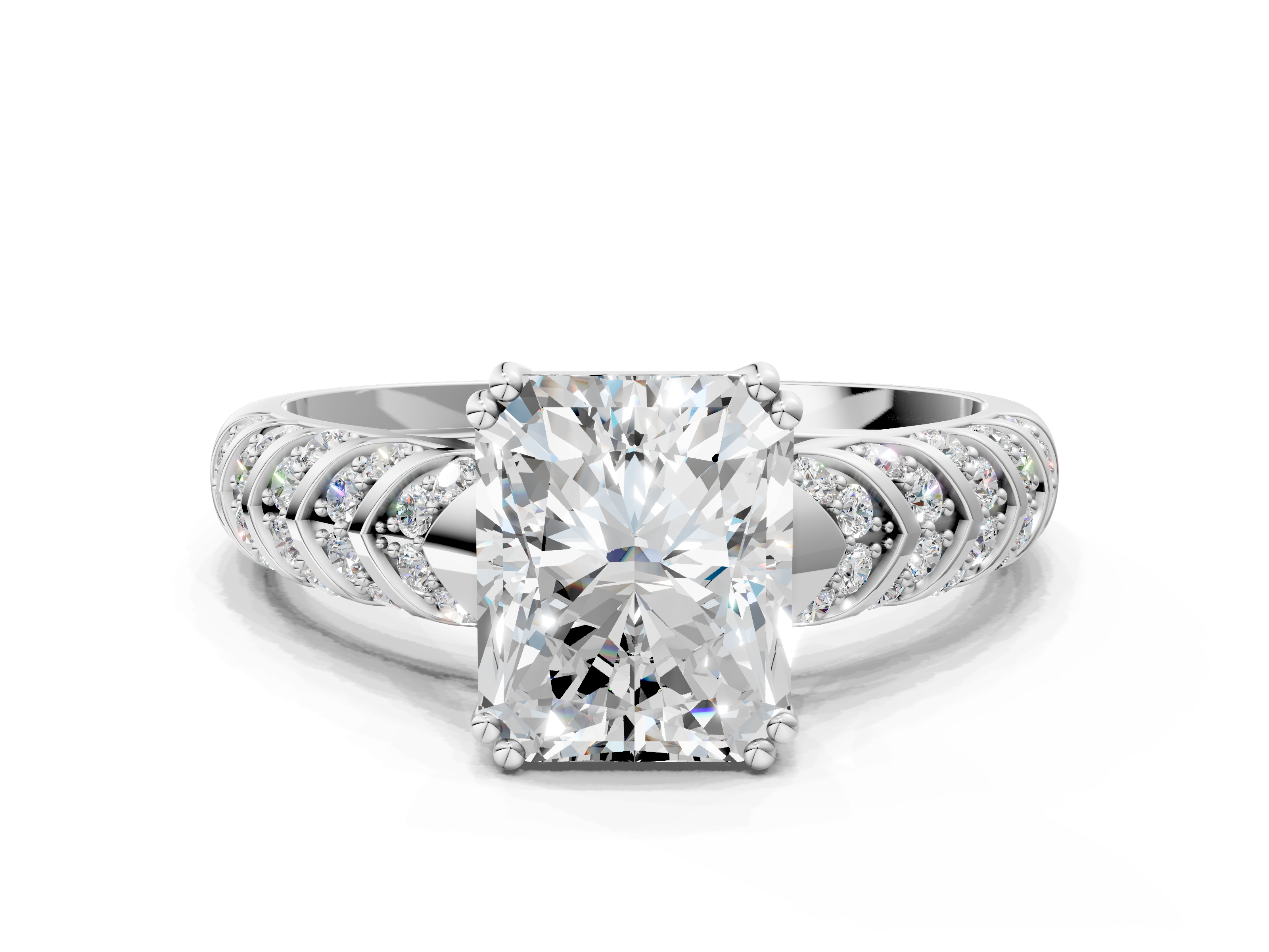 White gold Radiant Solitaire Chevron Pave Diamond Engagement Ring with Six-Prong Setting_3