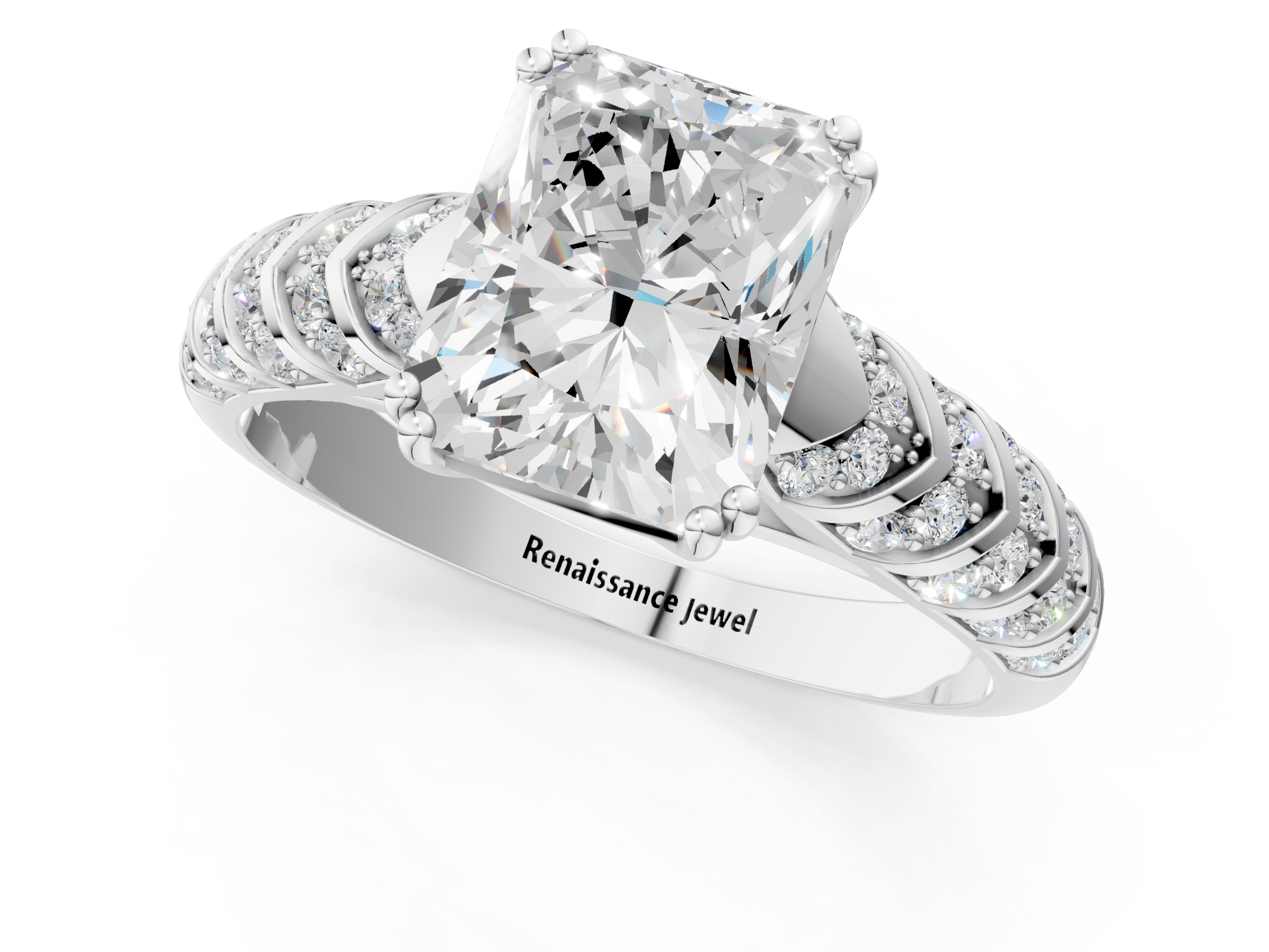 White gold Radiant Solitaire Chevron Pave Diamond Engagement Ring with Six-Prong Setting_4