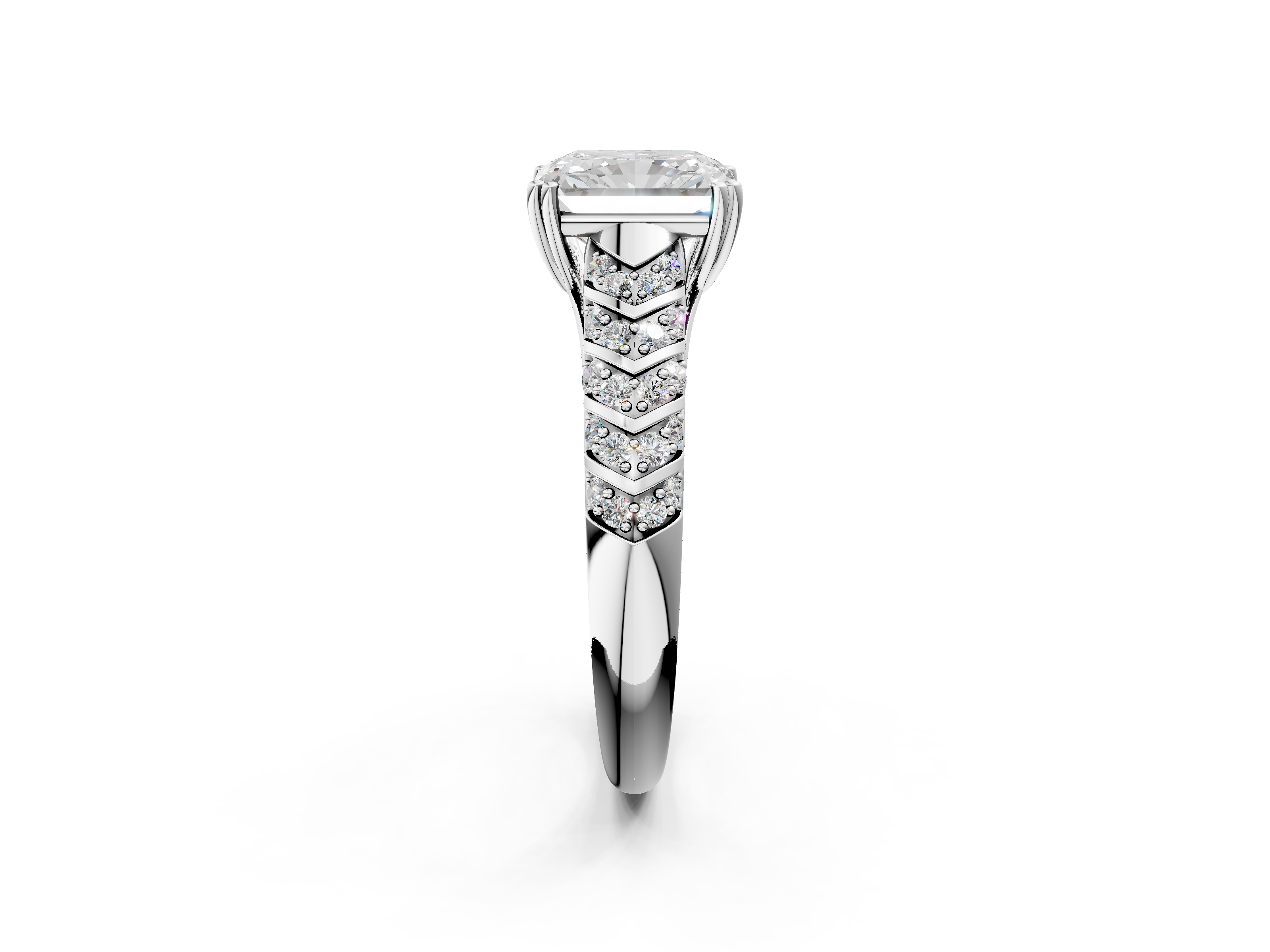 White gold Radiant Solitaire Chevron Pave Diamond Engagement Ring with Six-Prong Setting_5