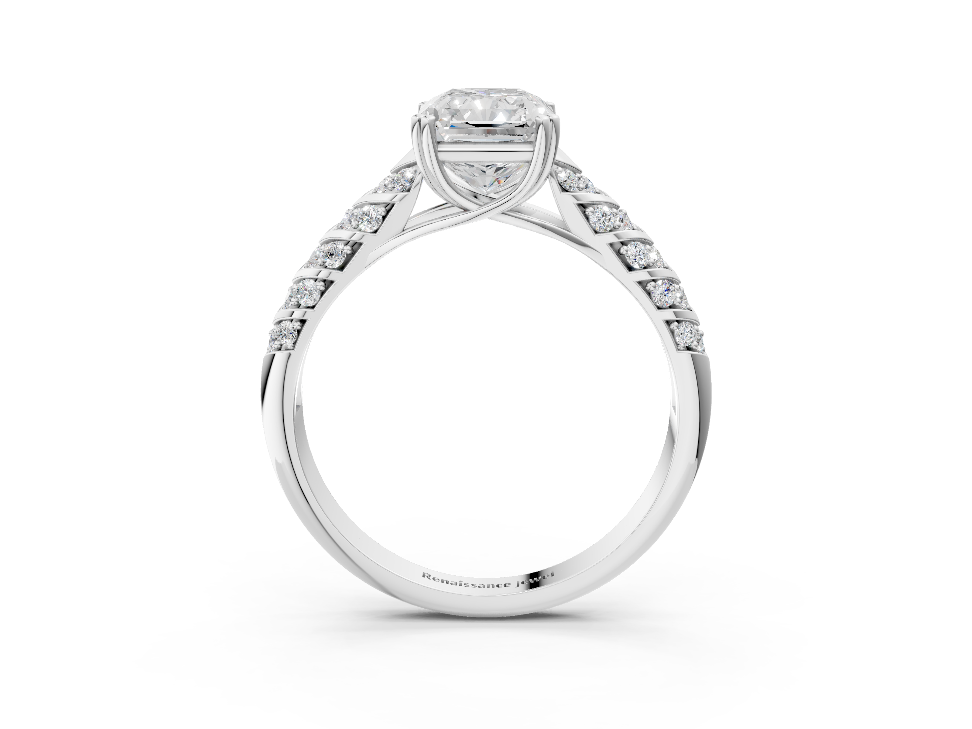 White gold Radiant Solitaire Chevron Pave Diamond Engagement Ring with Six-Prong Setting_6