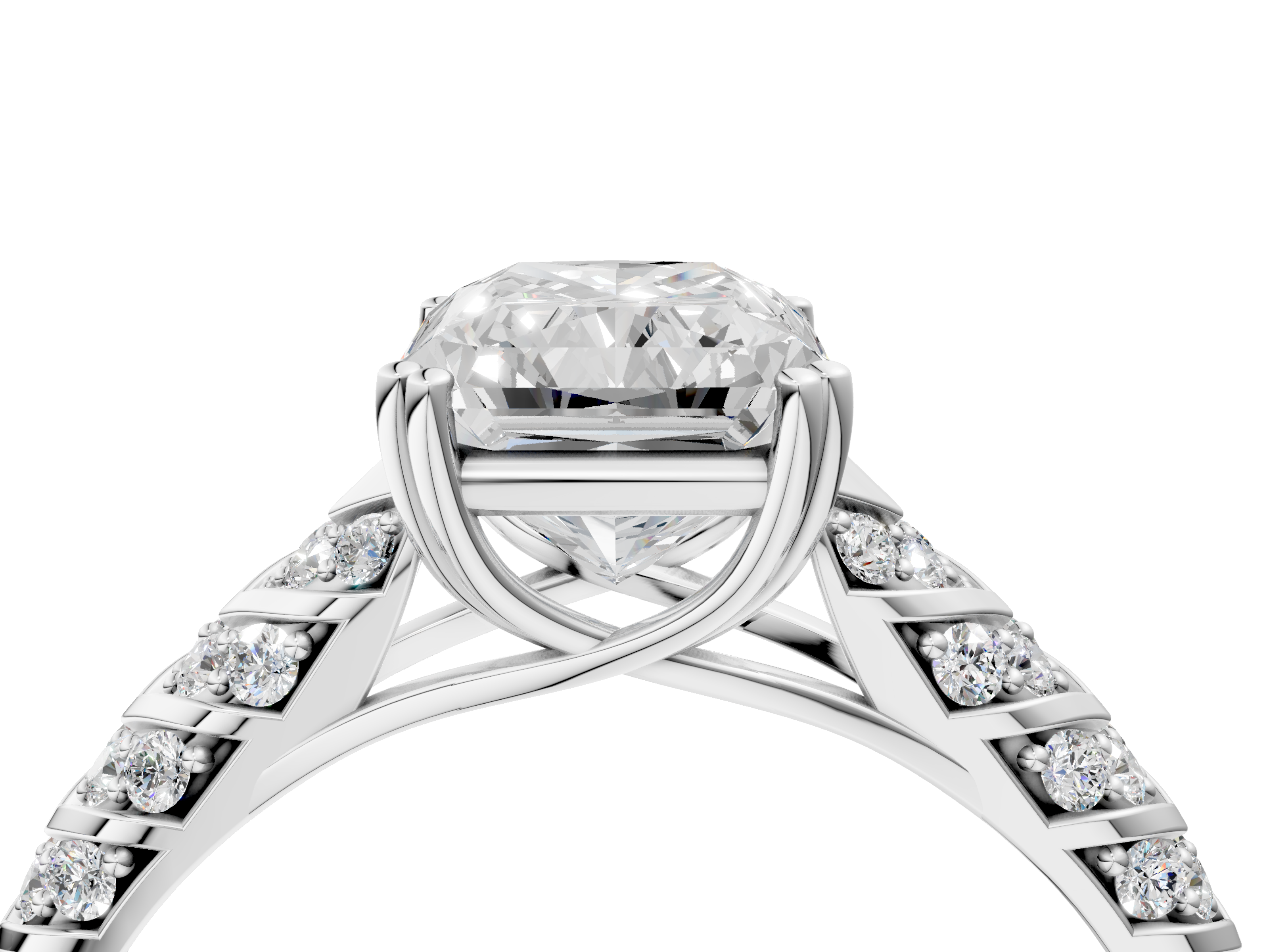 White gold Radiant Solitaire Chevron Pave Diamond Engagement Ring with Six-Prong Setting_7