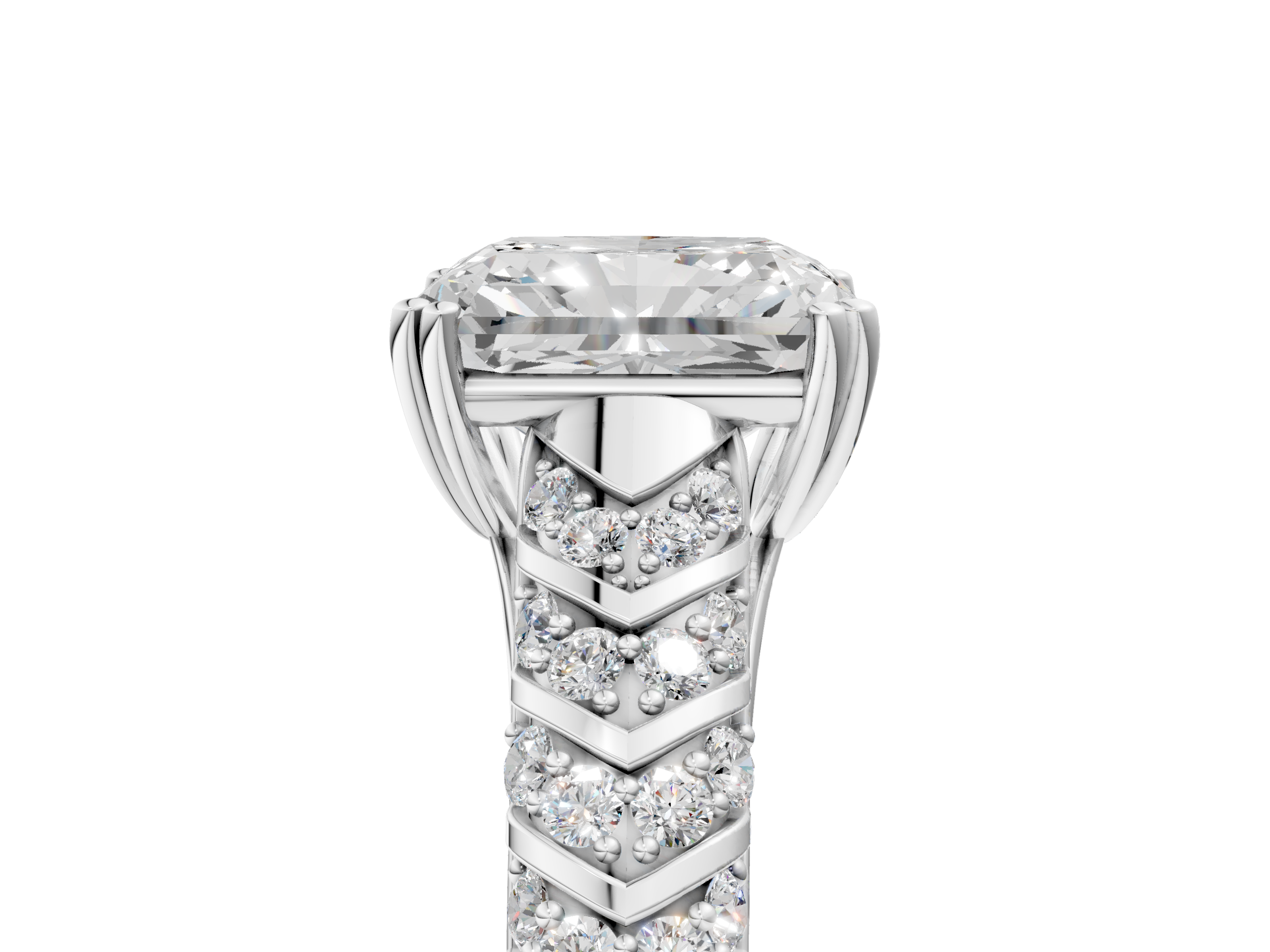 White gold Radiant Solitaire Chevron Pave Diamond Engagement Ring with Six-Prong Setting_8
