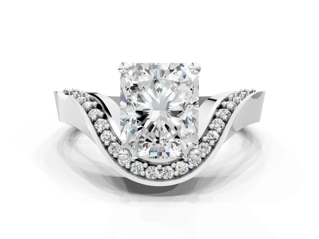 White gold Radiant Solitaire Diamond Engagement Ring with Pave Band and Four-Prong Setting 1