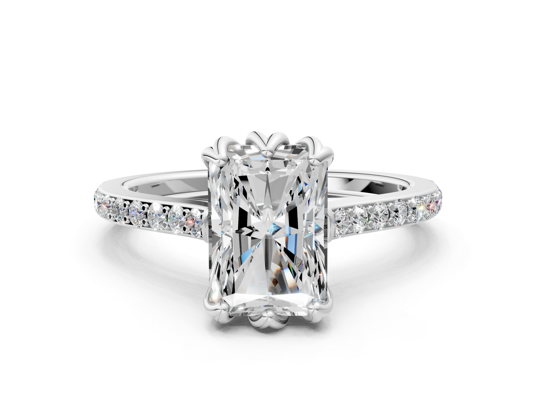 White gold Radiant Solitaire Diamond Engagement Ring with Pave Band and Six-Prong Setting_82