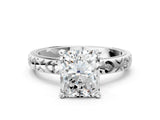 White gold Radiant Solitaire Diamond Engagement Ring with XO Engraved Band and Four-Prong Setting