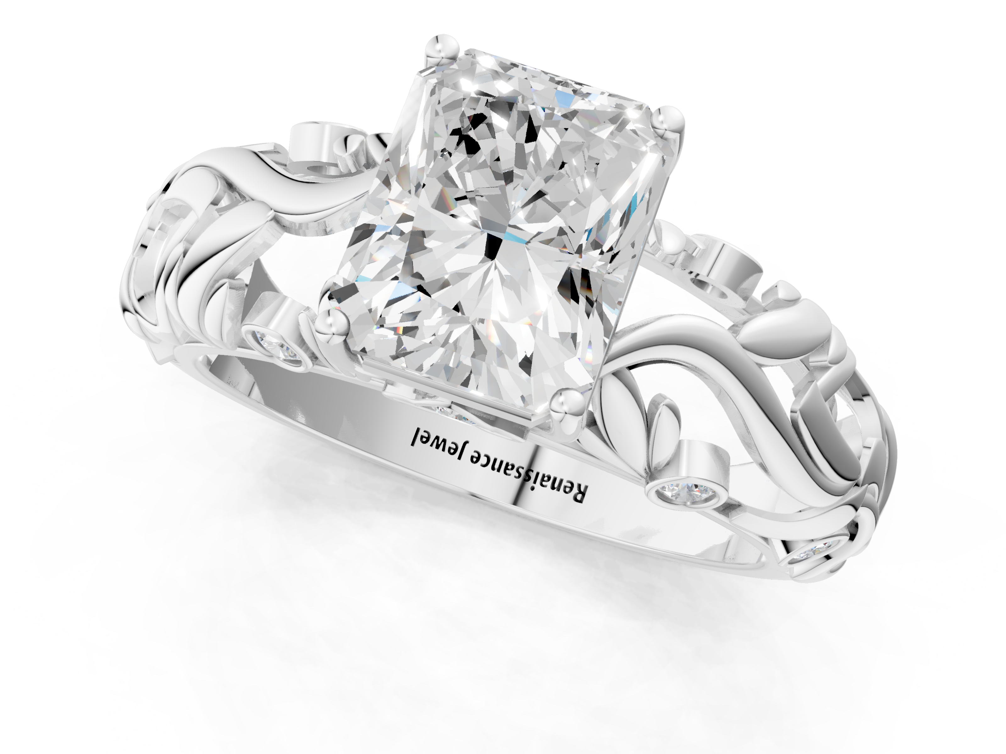 White gold Radiant Solitaire Diamond Leaf Vine Band with Prong Setting_75