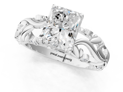 White gold Radiant Solitaire Diamond Leaf Vine Band with Prong Setting_75