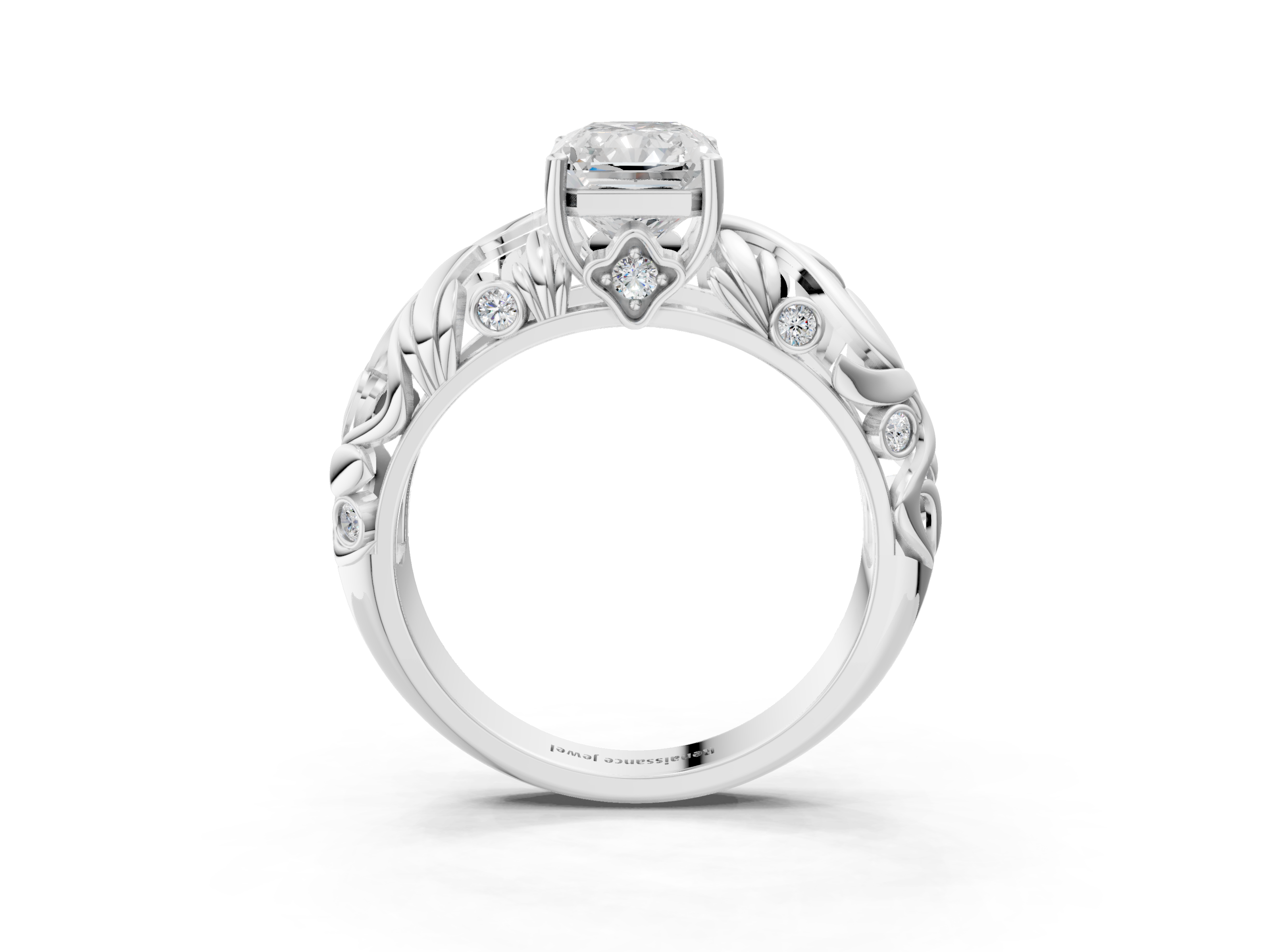 White gold Radiant Solitaire Diamond Leaf Vine Band with Prong Setting_77