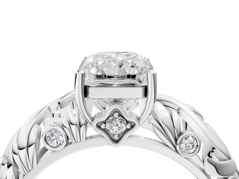 White gold Radiant Solitaire Diamond Leaf Vine Band with Prong Setting_78