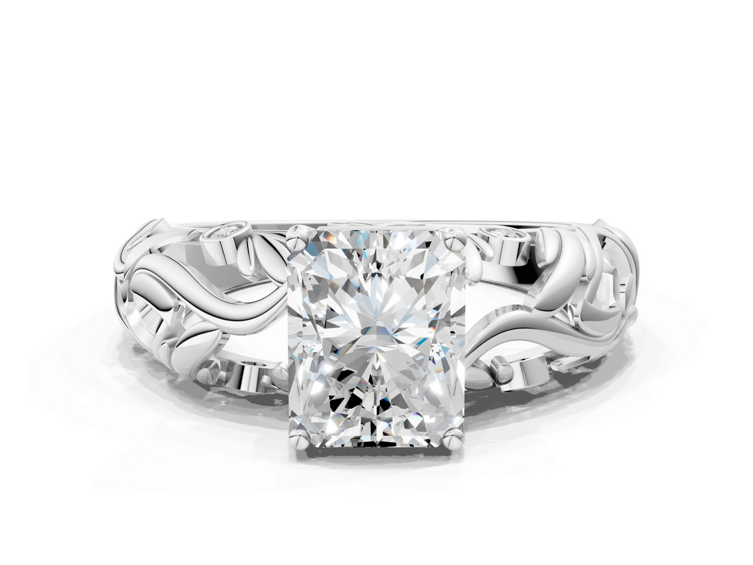 White gold Radiant Solitaire Diamond Leaf Vine Band with Prong Setting_78
